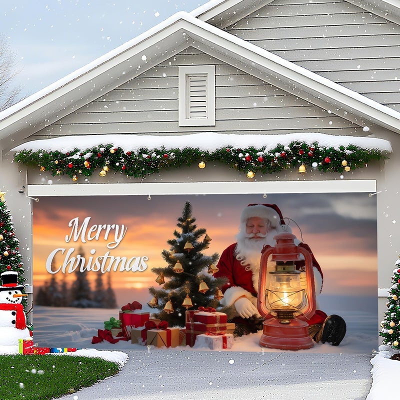 THISFIND Christmas Garage Door Banner with Santa Claus and Christmas Tree – Holiday Garage Mural Cover with Oil Lantern, Gifts, and Sunset Snow Scene – Outdoor Winter Decoration for Home - Image 5